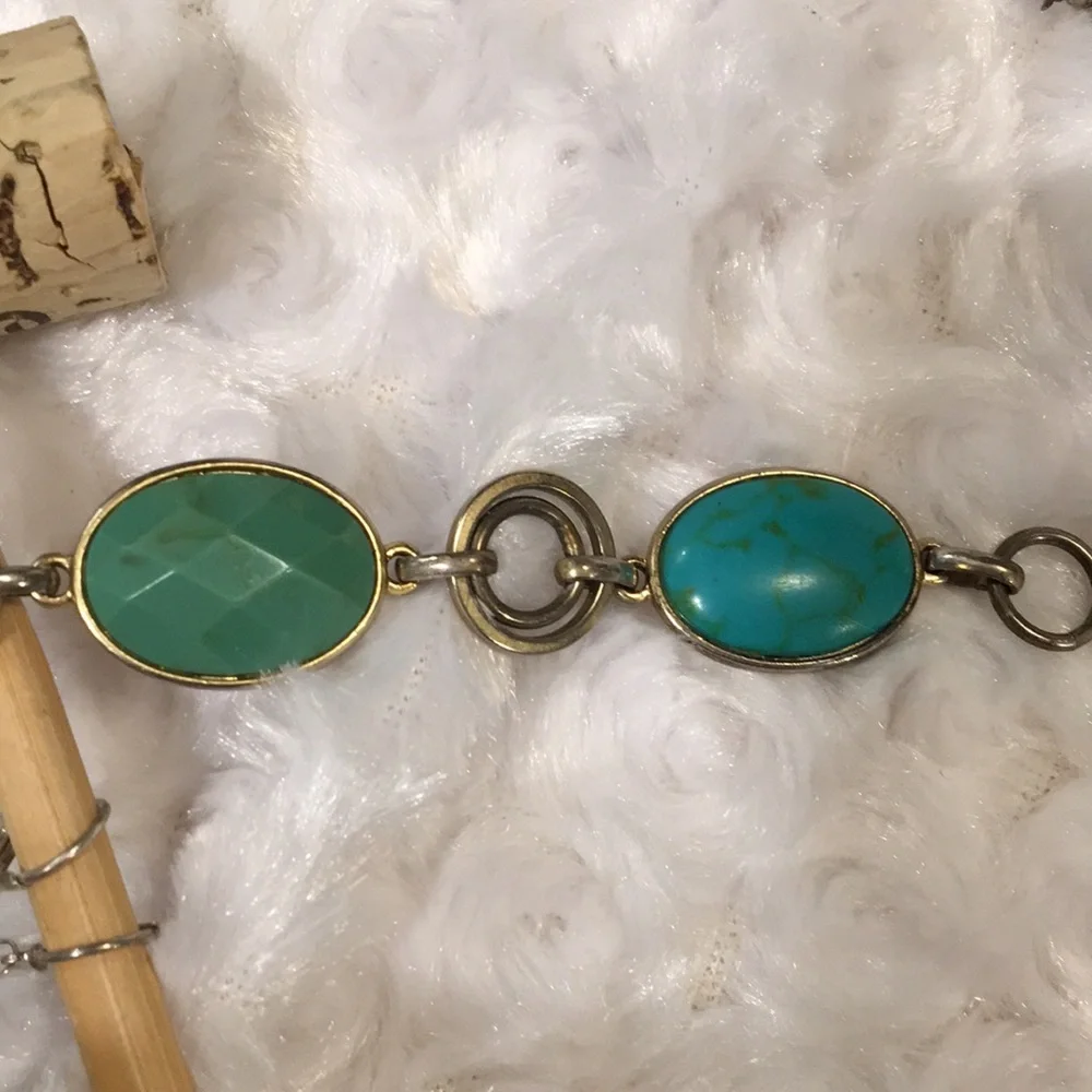 Cut stones link bracelet color aqua greens  bracelet w dangle matching earrings - Picture 4 of 13